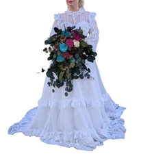 Vintage 70s Victorian Wedding Dress Bridgerton Lace High Neck Illusion Neckline