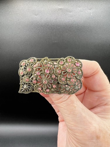Antique Floral Filigree Brooch, Pink Rhinestones, Edwardian - Picture 4 of 6