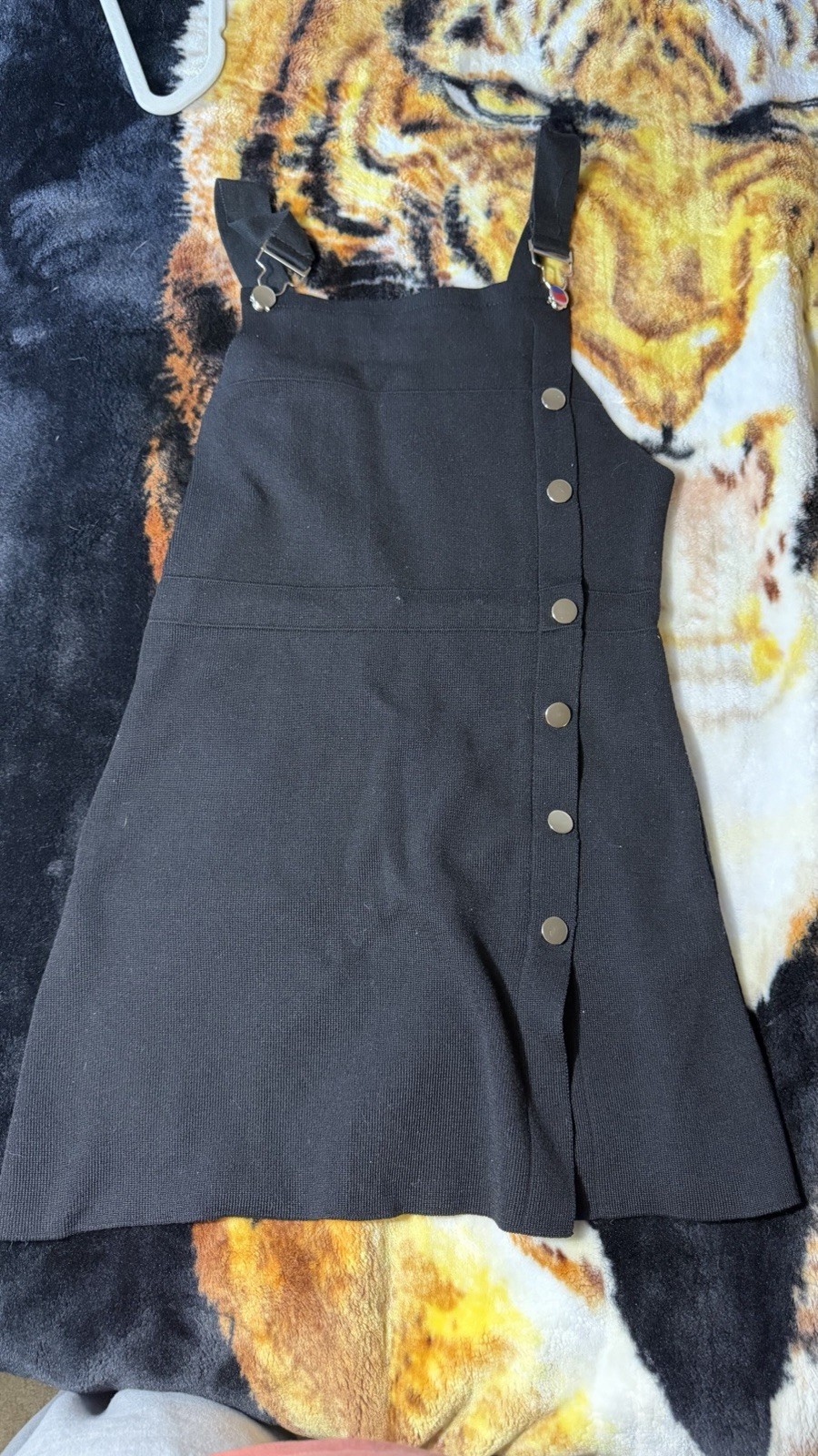 Black Overall Dress Short Solid Sleeveless Straps Button Accents Size S