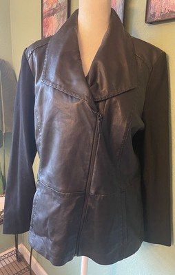 Classiques Entier Black Leather Knit Sleeve Jacket Full Zip Asymmetrical Large