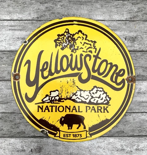 VINTAGE YELLOWSTONE NATIONAL PARK 6" PORCELAIN GASOLINE OIL PUMP STATION SIGN