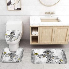 Rustic Farmhouse Bath Mat Set, Farm Gray Daisy Floral Flowers and Grey
