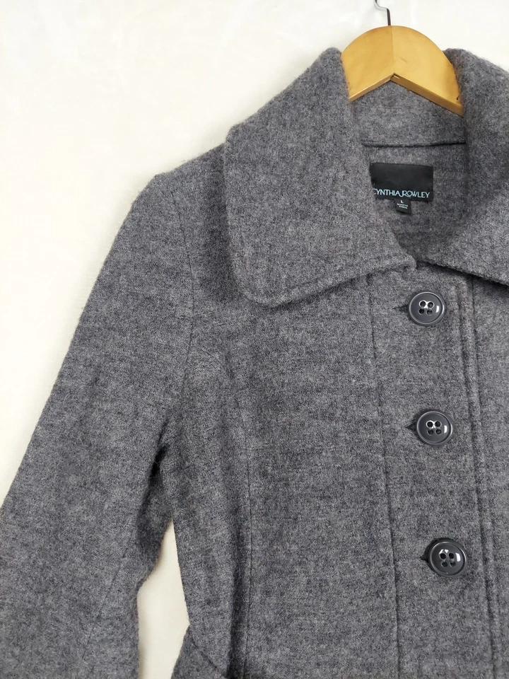 Abrigo para mujer Cynthia Rowley grande gris mezcla de lana en capas volantes cinturón invierno Foto 3 de 4