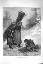 Original Old Antique Print 1876 Scene Mother Children Gathering Woods Forest