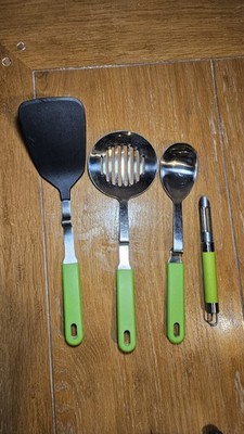 4 pc Utensil Set Green Silicone Grooved Spatula  Spoon Slotted Strainer Peeler 