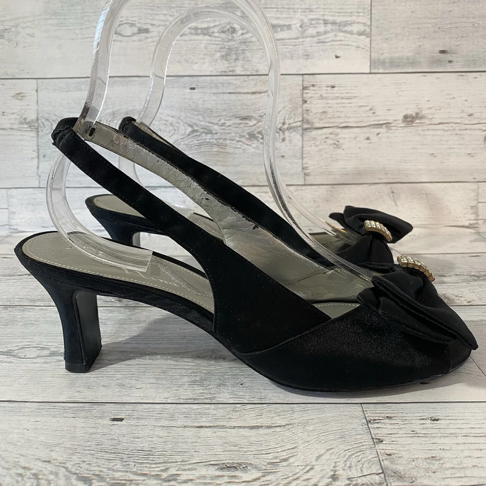 Tacones Nina con cordones para mujer 8,5 M negros satinados estrás lazos punta abierta elegantes Foto 4 de 4