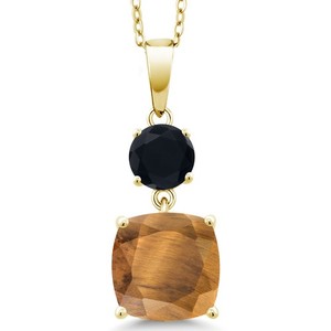 Authentic 18K Yellow Gold Plated Silver Brown Tiger Eye and Black Onyx Pendant (4.30 Cttw)