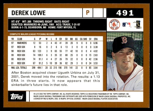 2002 Topps Derek Lowe Boston Red Sox #491 - Picture 2 of 2