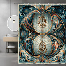 Celestial Compass Shower Curtain Blue Gold Abstract Graphic