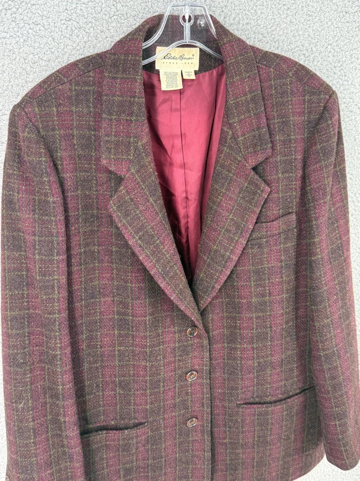 Mujer XL Eddie Bauer Borgoña Cuadros Tartán 100% Lana Blazer Chaqueta Abrigo Foto 4 de 4