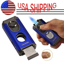 Blue Portable Cigar 3 Jet Flame Torch Lighter Stainless Guillotine Cutter Punch