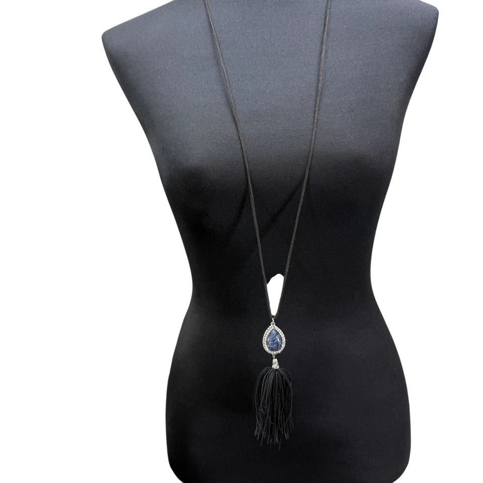 WHBM Colgante Largo y Collar Piedra Azul Lágrima Estrás Borla Cordón Negro Foto 2 de 4