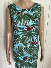 Hilo Hattie Hawaii 12 Green Blue Tropical Leaf Rayon Sleeveless Sheath Dress