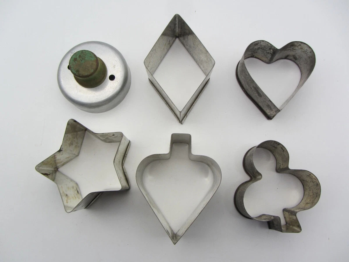 6 Vintage Metal Cookie Cutters Clover Spade Heart Diamond Star Round