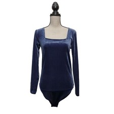 Old Navy Womens Large Obscure Night Blue Velour Square Neck Long Sleeve Bodysuit
