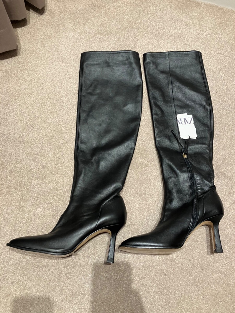 BNWT Zara Quality Genuine Black Leather Knee High Boots Size 40