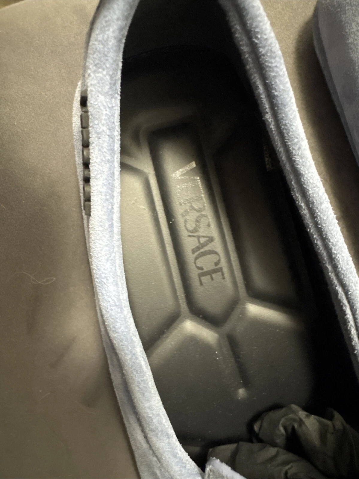 Scarpe mocassini Versace Villa scamosciate da guida Greca nuove $775 taglia 45