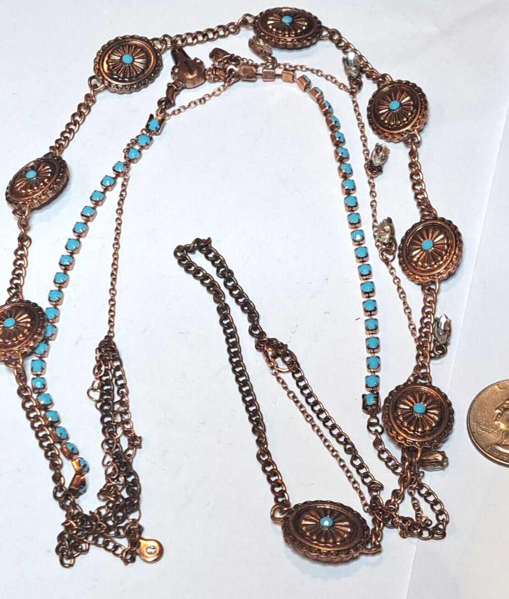 Vtg Copper/Turquoise FLOWER MEDALLION LINK CHAIN NECKLACE Multi Strand  Crystal