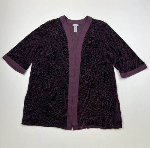 Catherines Plus Sz 2X Open Front Cardigan Velvet 3/4 Sleeve Kimono Plum Boho - Picture 1 of 7