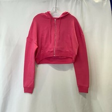 Refuge Womens Long Sleeve Athletic Fit Pockets Cropped Pink Full Zip Hoodie