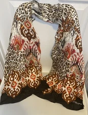 ADRIENNE Landau Studio Scarf 11x52" Silk Pre-Owned Fun Animal Print Brown Orange