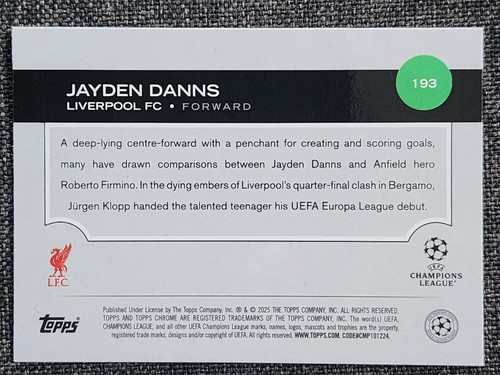2024-25 Topps Chrome Jayden Danns 196/199 Green Refractor RC Liverpool England - Picture 2 of 2