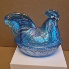 Mosser Glass Blue Iridescent Carnival Chicken on Nest Covered Bowl