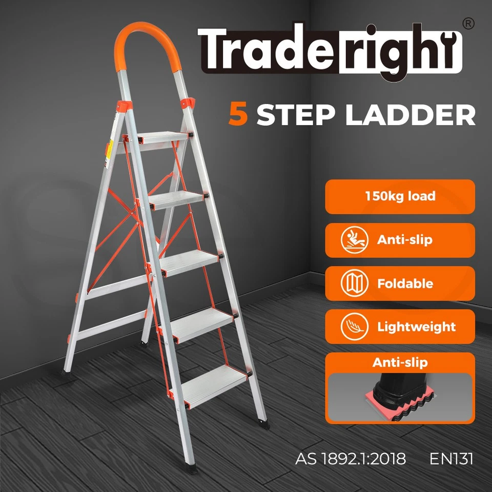 Traderight 5 Step Ladder Folding Aluminium Portable Multi Purpose Household Tool