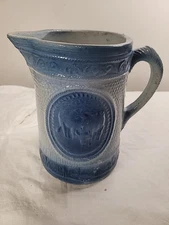 Antique Roseville Salt Glaze Stoneware Pitcher – Grazing Cow Medallion – 8.5"