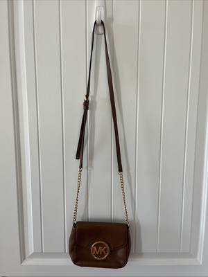 Michael Kors Crossbody Bag Pebbled Leather Purse Brown Fulton Some Wear On Logo