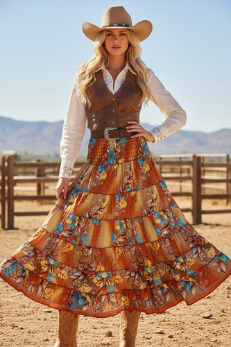 Fire Orange Floral Maxi Skirt for Women | Bohemian Beach Long Skirt S/M
