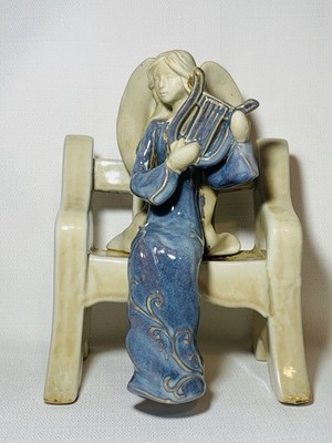 VTG Stoneware Pottery Angel Lyre Heavenly Helpers 7  Bench Outdoor Garden Decor
