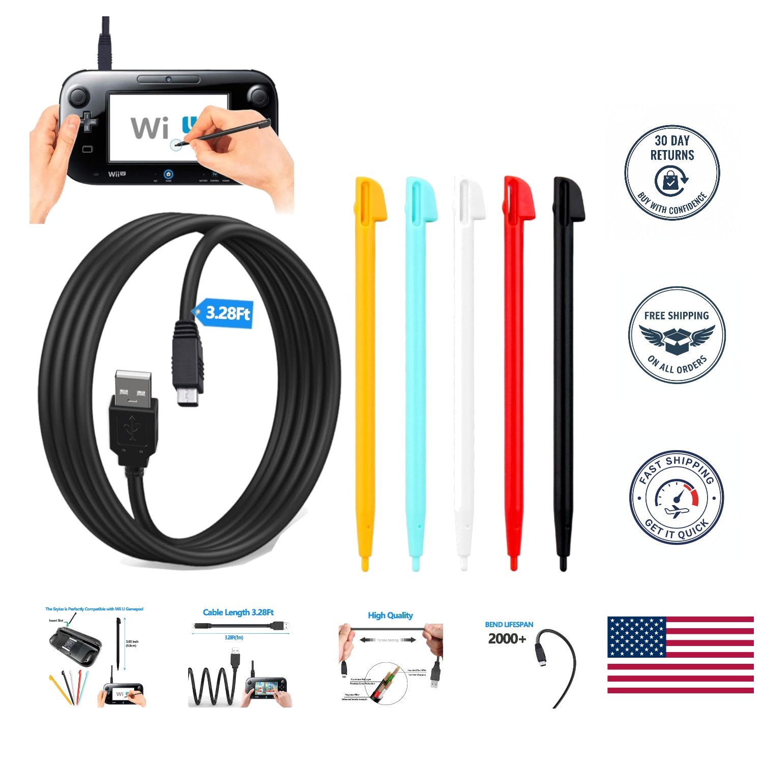 Wii U Gamepad Enhanced with 5 Stylus Pens & Efficient USB Charging