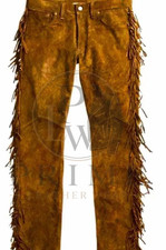 Men's Western Cowboy Leather Pants Suede Side Fringe Gold Brown Rodeo Biker