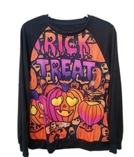 Trick Or Treat Halloween Sweatshirt Womens Size S Black Pumpkin Raglan Crewneck