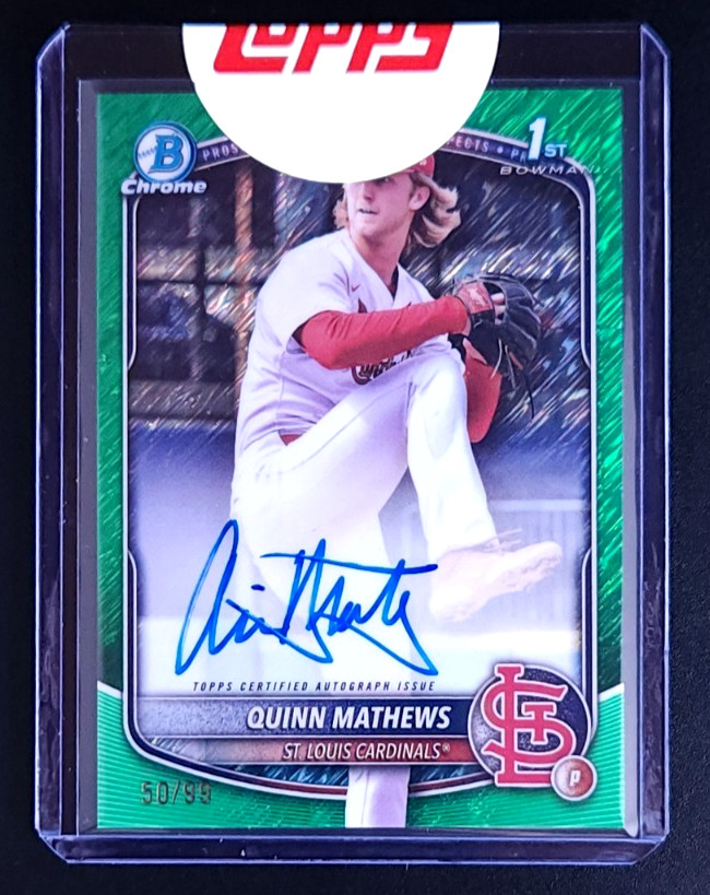 2025 Bowman Chrome Quinn Mathews 1st Auto Green Shimm Refractor /99 Cardinals RC