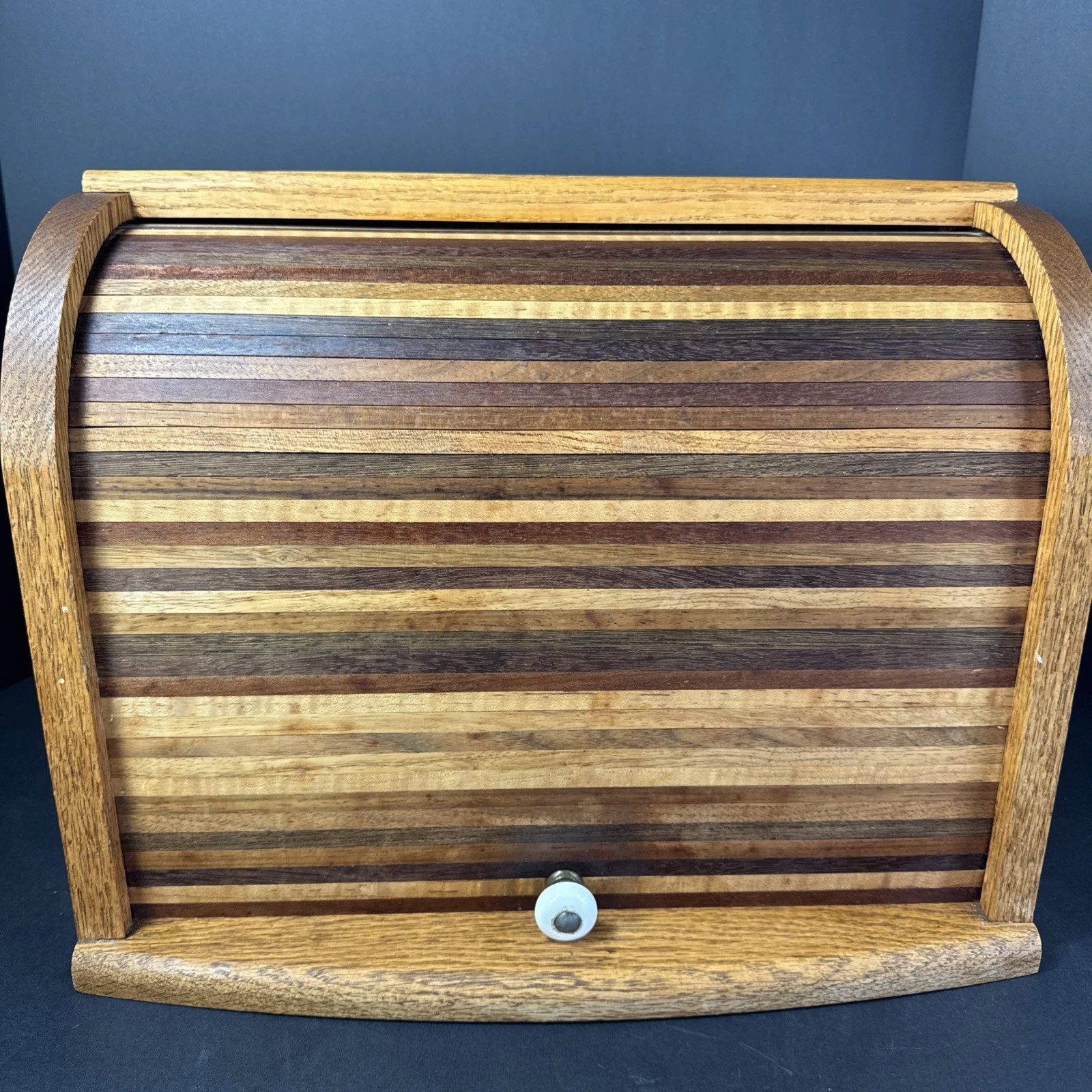 Vintage Handmade Solid Oak Roll Top Bread Box Multiple Wood Tone Cottage Core