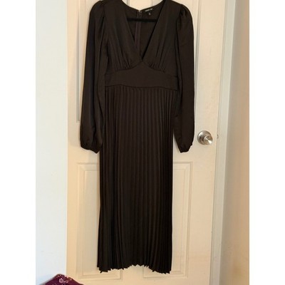 August Sky Black Pleated Midi Dress V-Neck Long Puff Sleeve size M