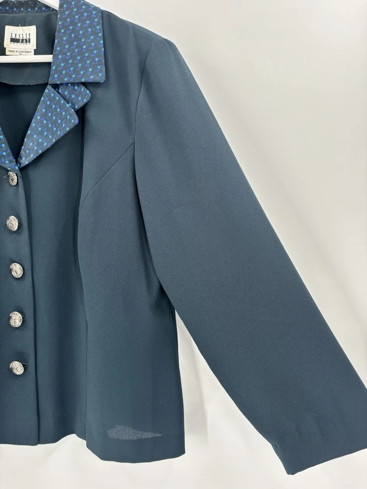 Blusa vintage Leslie Fay para mujer 16 azul cuello a lunares aberturas con botones transparente Foto 2 de 4