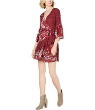 French Connection Womens Belted Faux Wrap Ruffled Dress, darkred, 2