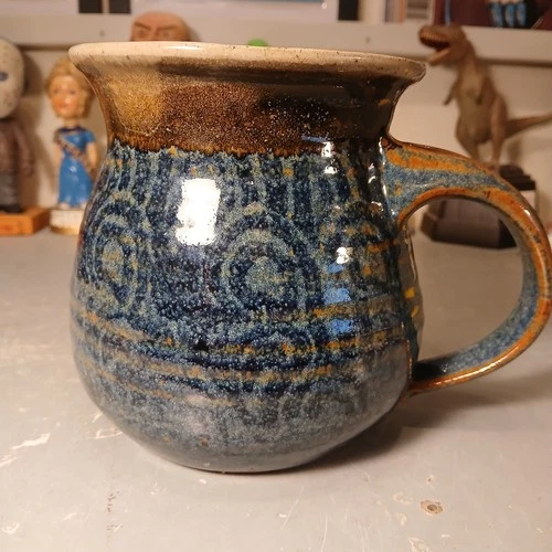 1979 Studio Pottery Stoneware Mug 1979 Oversized Large Tankard 5" Blue Brown
