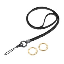 Woven Neck Lanyard, 15.4" Leather Handmade Keychain Lanyard, Black