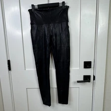 Spanx Shinny Black PVC Leggings Stretch Tummy Control Black Large L