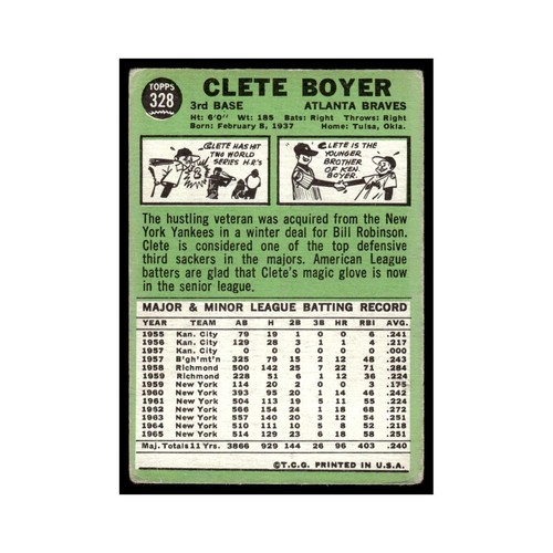 1967 Topps Clete Boyer Braves #328 - Picture 2 of 3