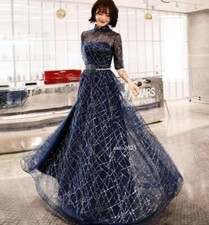Women Evening Party Prom Gown Long Dress Shiny Star Print Half Sleeve Zip Fairy