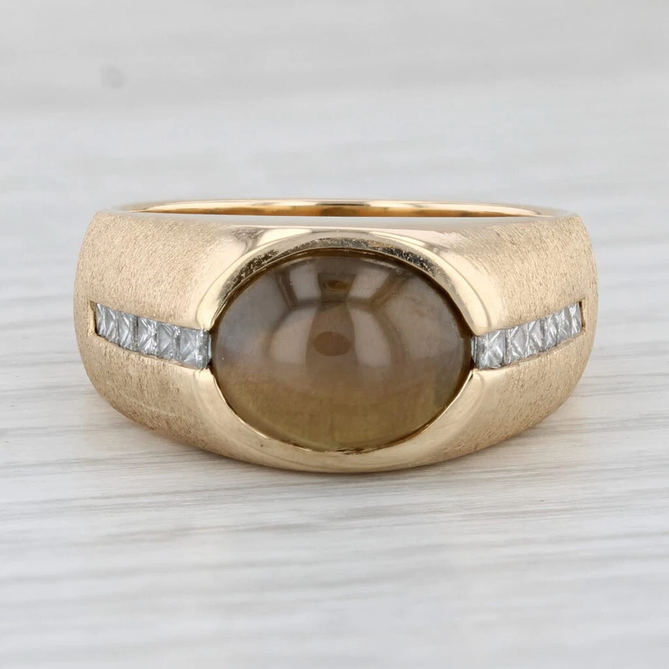 Anillo de diamantes crisoberilo ojo de gato marrón oro amarillo de 14 k talla 10,5 para hombre GIA Foto 2 de 4