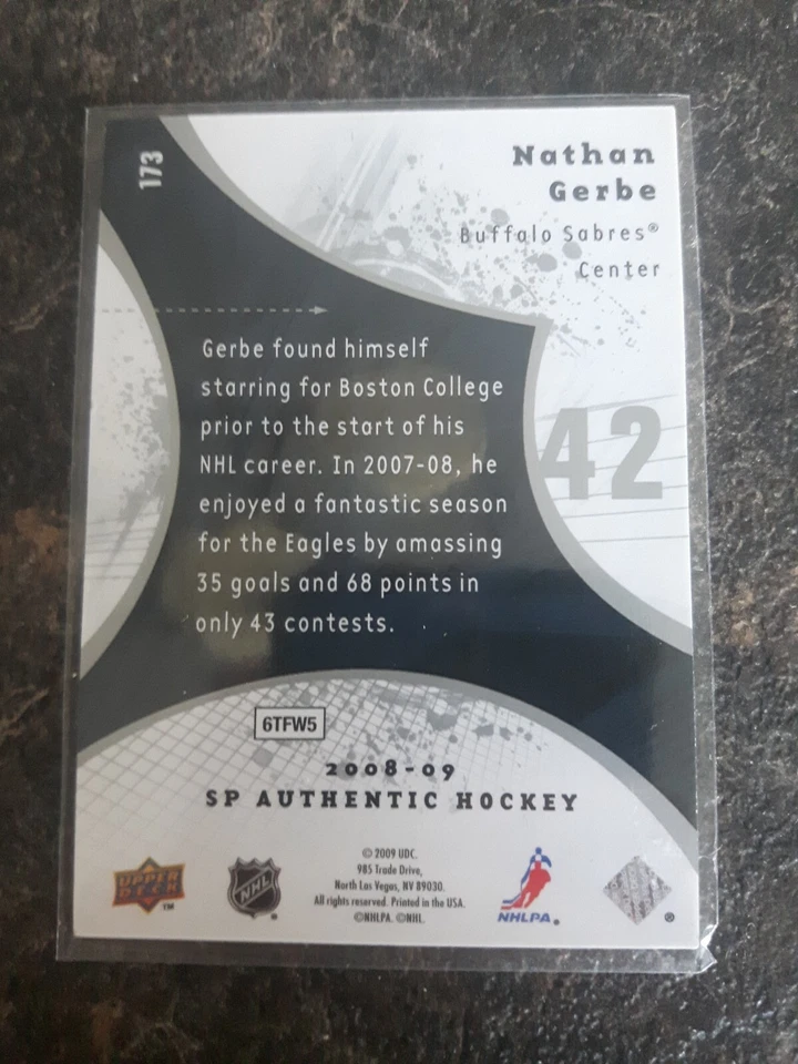 2008-09 Sp Authentic Future Watch Nathan Gerbe Rookie RC 992/999 Card# 173 - Image 2 of 2