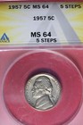 1957 ANACS 5C MS64 5 STEPS JEFFERSON NICKEL #B48475 — photo 1
