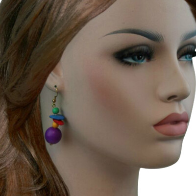 Beaded Purple Rainbow Drop Pierced Earrings 2''