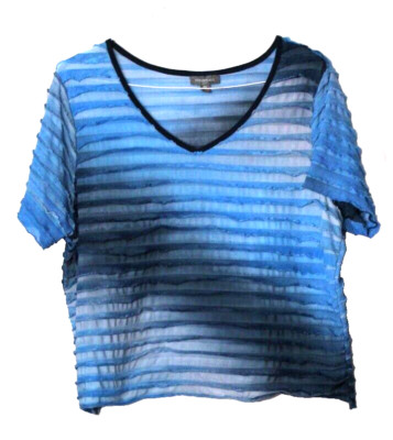 ESSENTIALS KNIT TOP ladies size 1X light-dark blue ombre ruffle short sleeve
